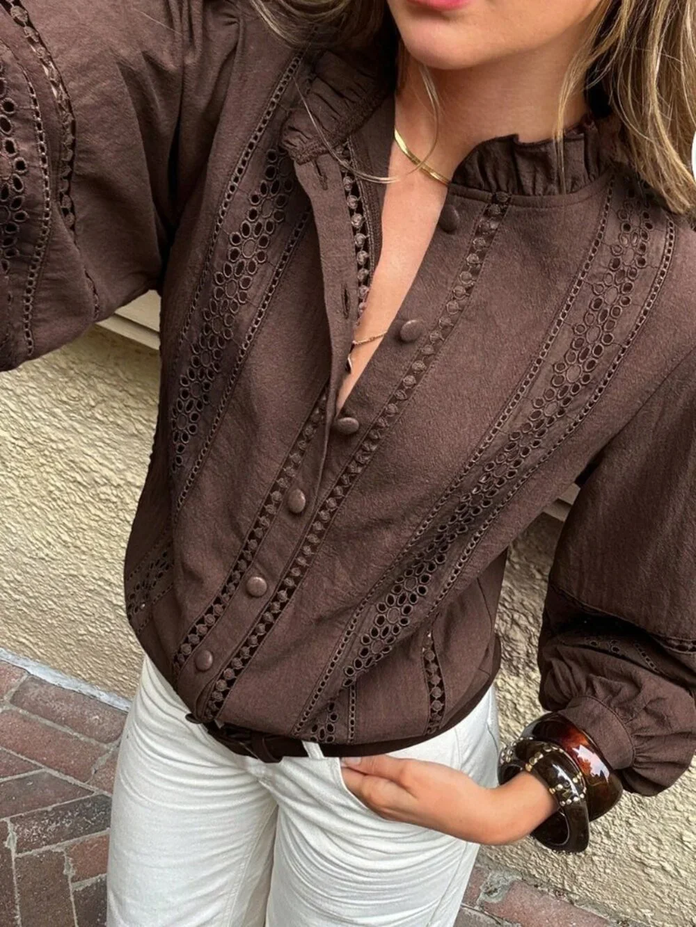 Coffee Brown Women's Casual 100%Cotton Shirt With Embroidery